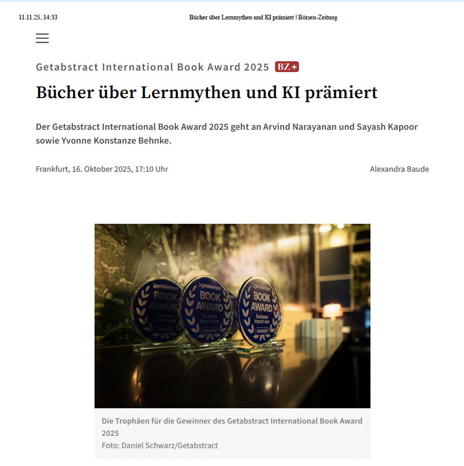 Börsen-Zeitung: Bücher über Lernmythen und KI prämiert, mit Foto der getAbstract Book Awards